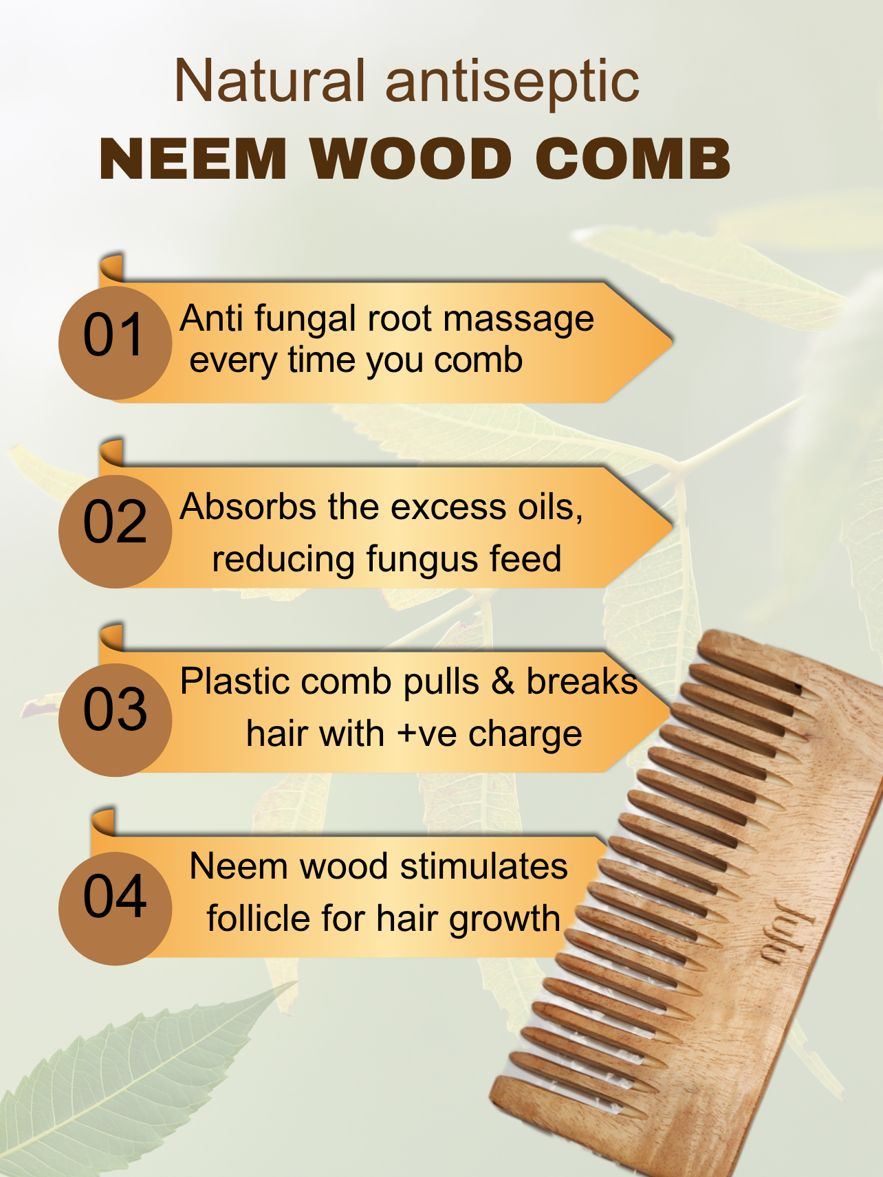JUJU’s Herbal Neem Wood Comb Combo (Dual Tooth + Wide Tooth | Oil-Infused) - Image 3