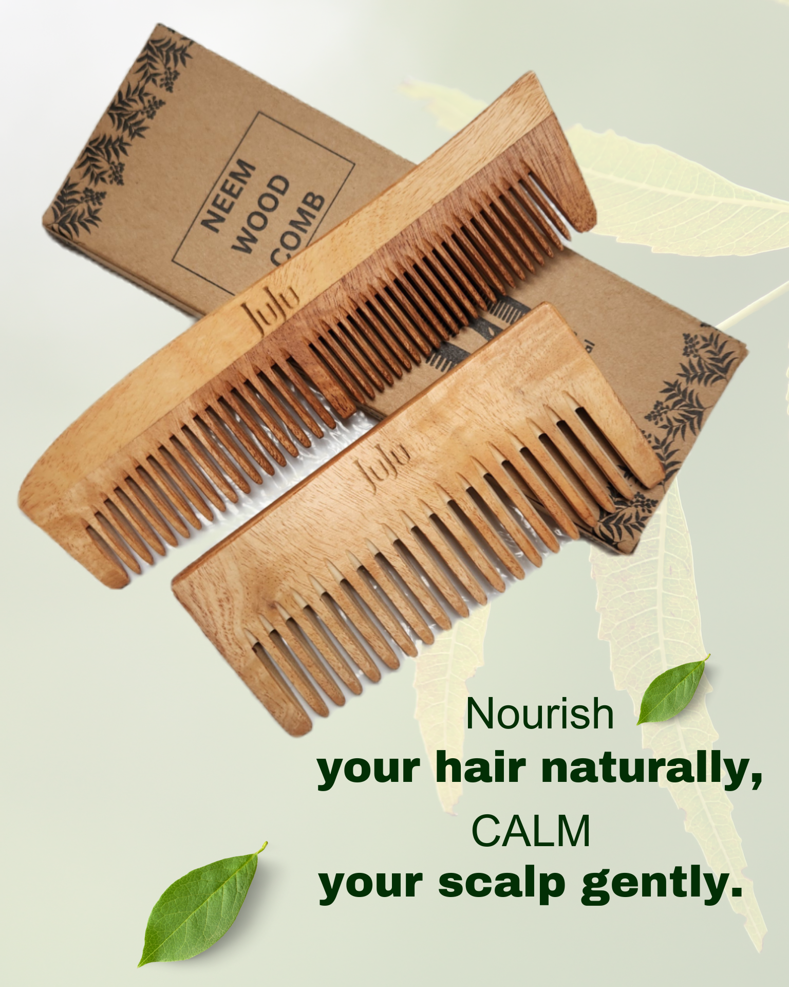 JUJU’s Herbal Neem Wood Comb Combo (Dual Tooth + Wide Tooth | Oil-Infused)