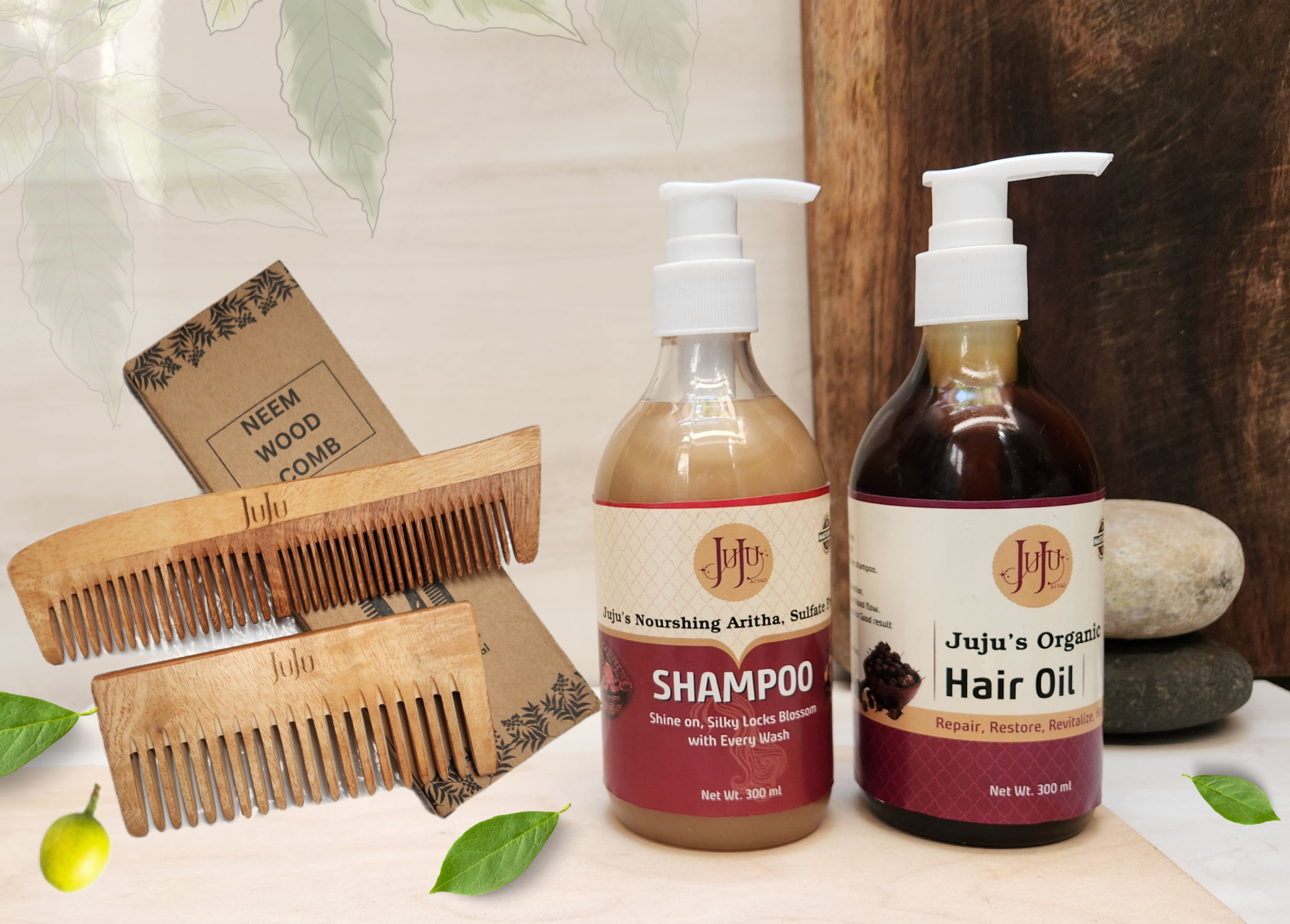 Combo of Neem Wood Comb (Wide & Dual Tooth) + Juju's Nourishing Aritha Shampoo & Organic Hair Oil 600 Ml